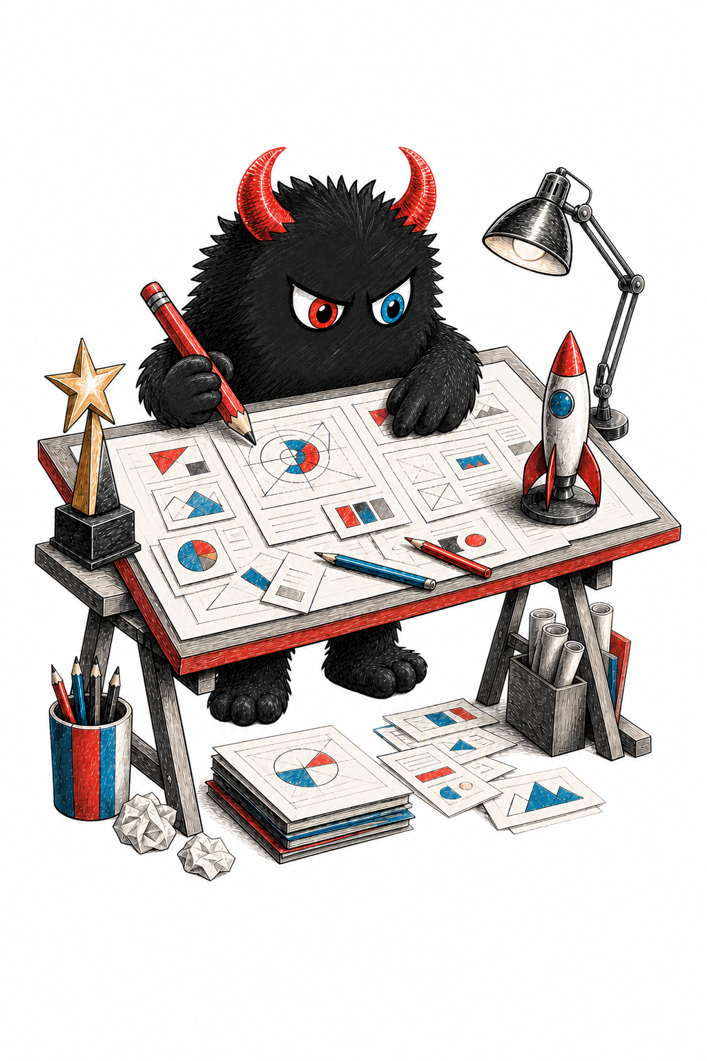 The homepage OMG monster directing a creative workshop at a drafting table