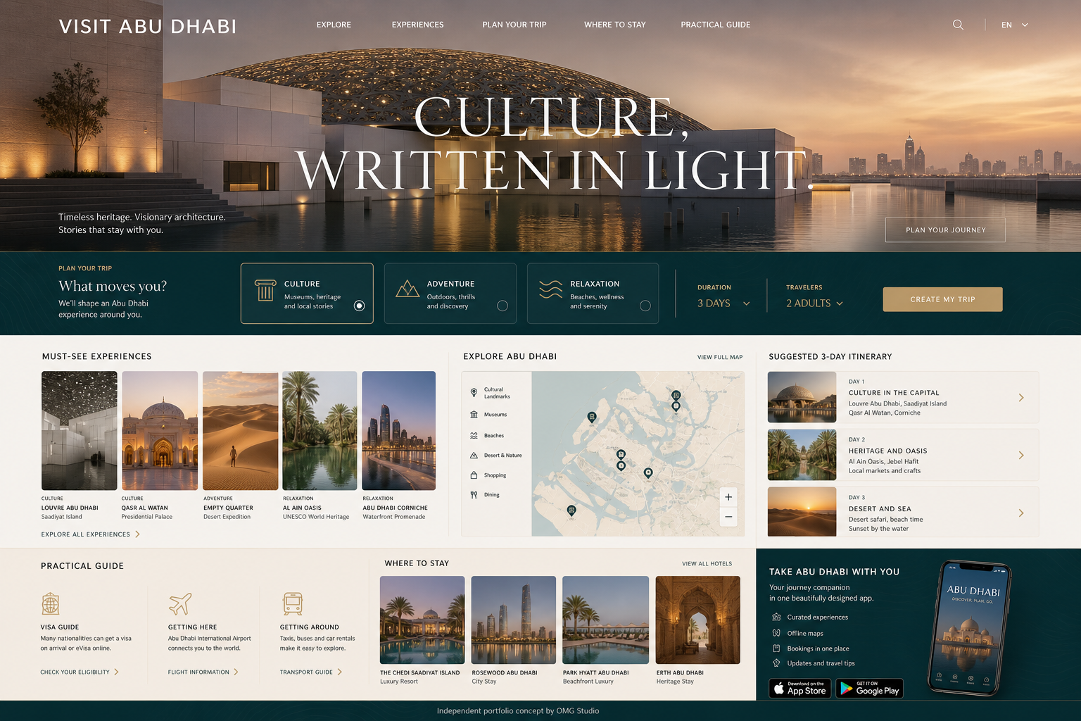 Full homepage design concept for Visit Abu Dhabi