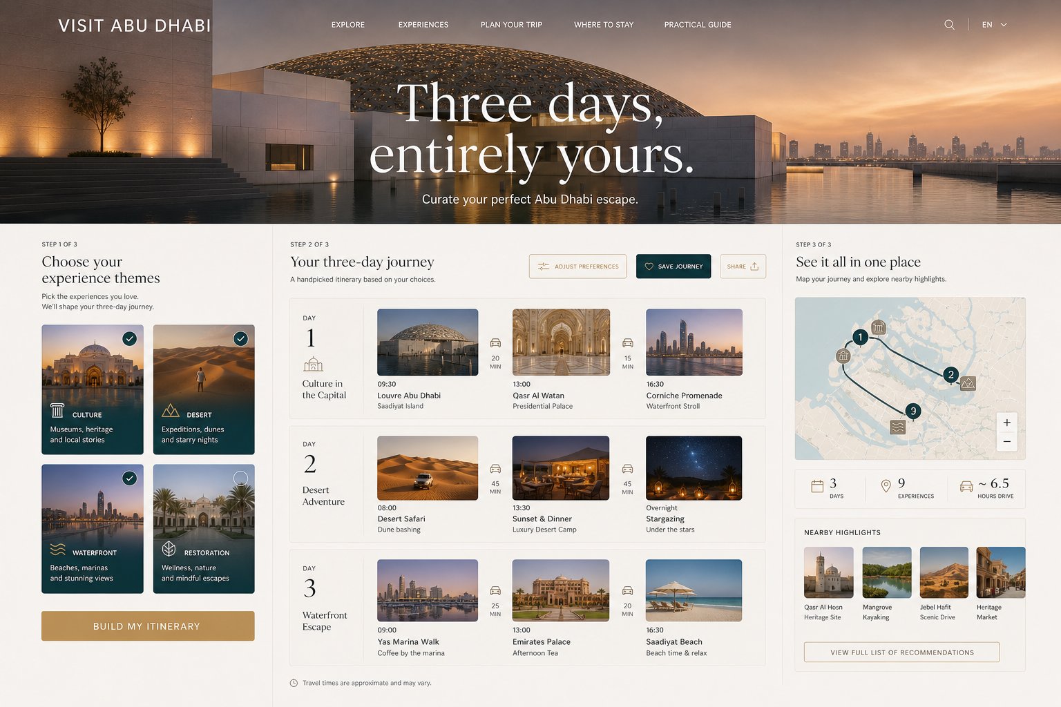 Visit Abu Dhabi Journey builder full-page design concept