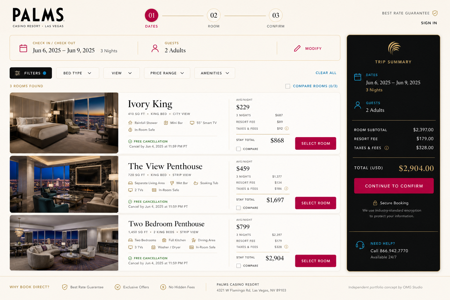 Palms room booking page design concept