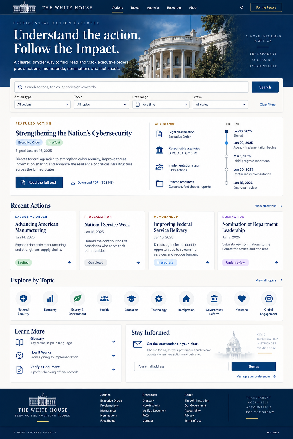 The White House Presidential Action Explorer full-page design