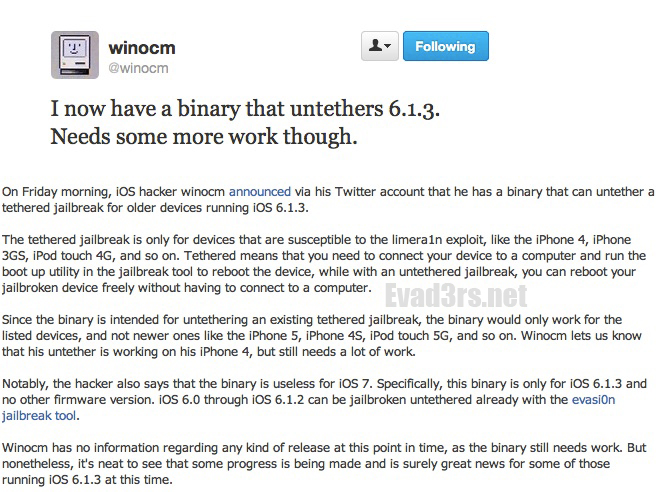 Jailbreak 6.1.3 Untethered For iPhone Confirmed. 